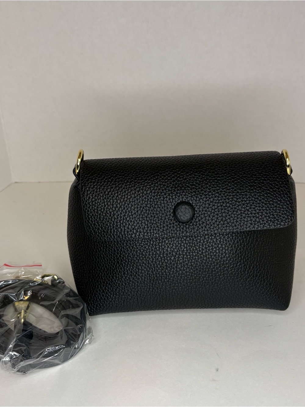 Black Leather Crossbody Bag with Gold Hardware